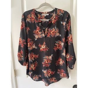 Daniel Rainn Black Floral Split-Neck Blouse